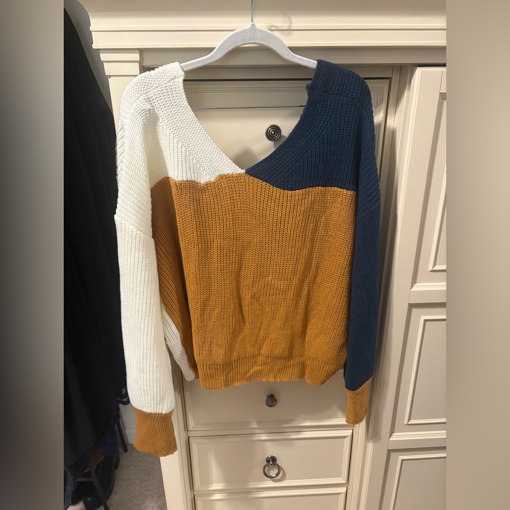 SHEIN Colorblock Off-the-Shoulder Sweater - White, Mustard, Navy